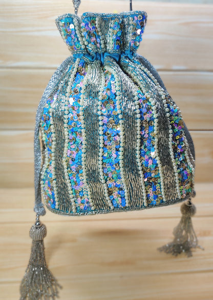 Indian light blue color Women Fashion Handmade Potli Bag, Ethnic Wedding And Festivals, hand bag, Bridal Bag Embellished With Beads & Pearls