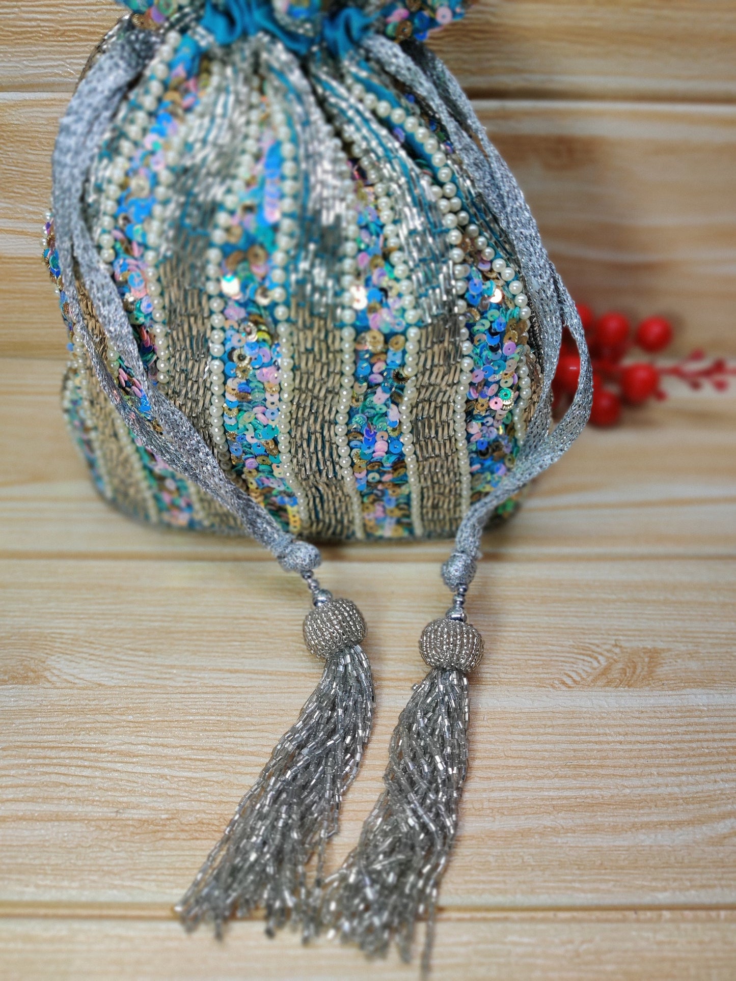 Indian light blue color Women Fashion Handmade Potli Bag, Ethnic Wedding And Festivals, hand bag, Bridal Bag Embellished With Beads & Pearls