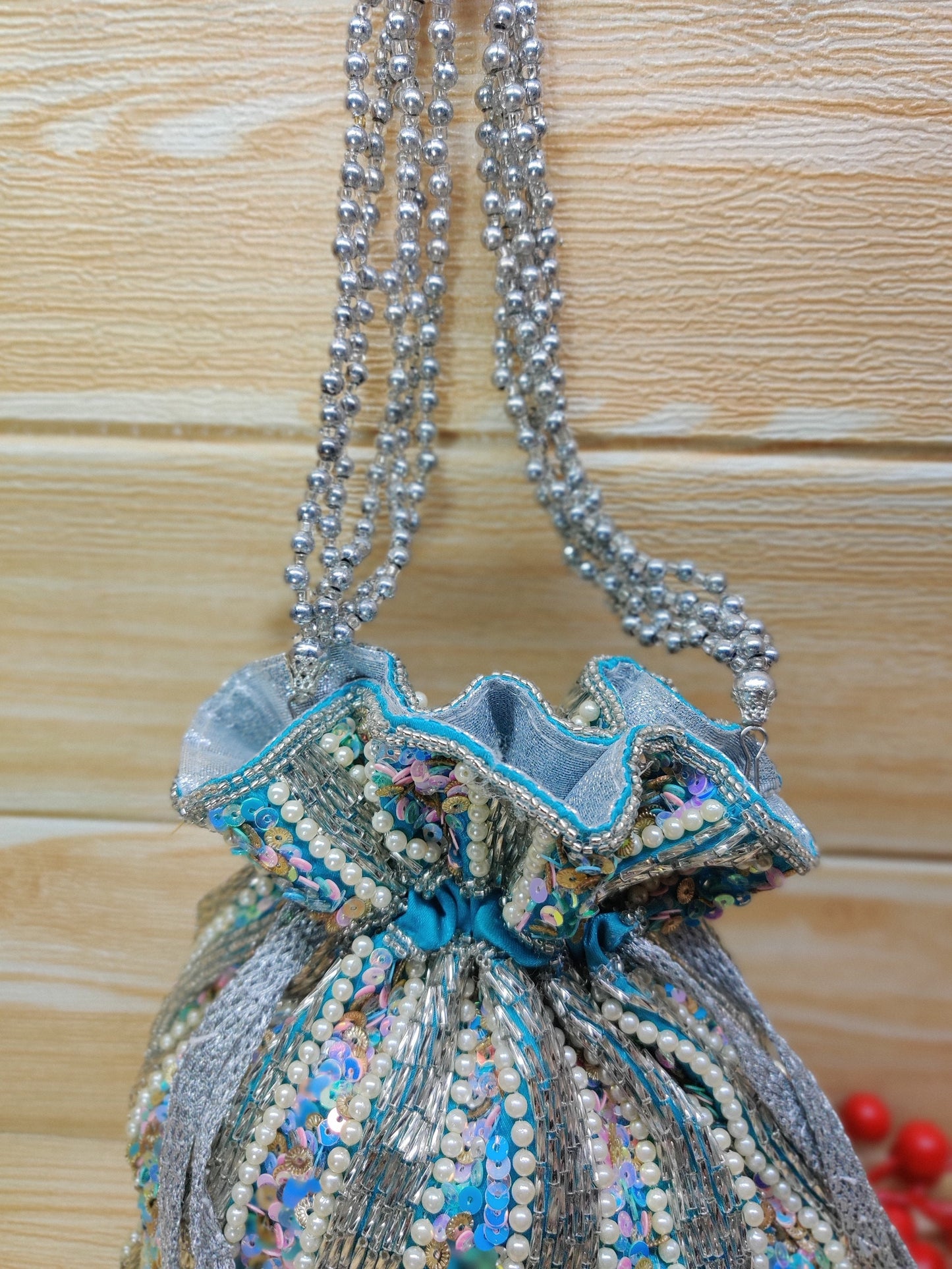 Indian light blue color Women Fashion Handmade Potli Bag, Ethnic Wedding And Festivals, hand bag, Bridal Bag Embellished With Beads & Pearls