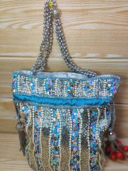 Indian light blue color Women Fashion Handmade Potli Bag, Ethnic Wedding And Festivals, hand bag, Bridal Bag Embellished With Beads & Pearls