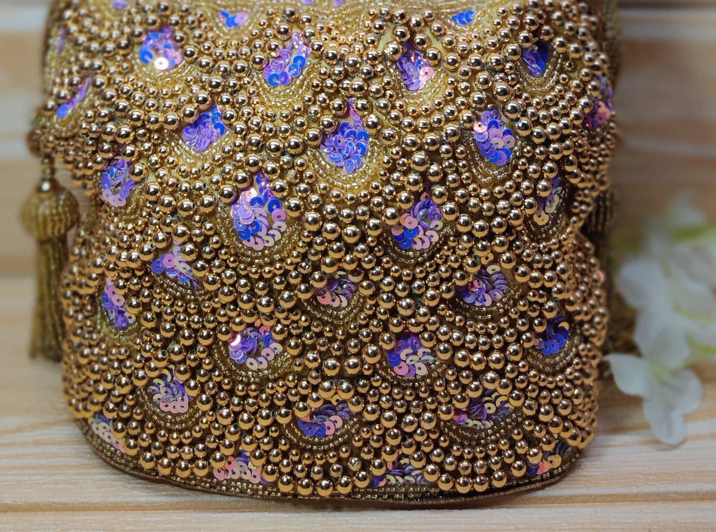 Indian Golden purple Color Women Fashion Handmade Potli Bag, Ethnic Wedding hand bag, Bridal Bag Embellished With Beads & Pearls