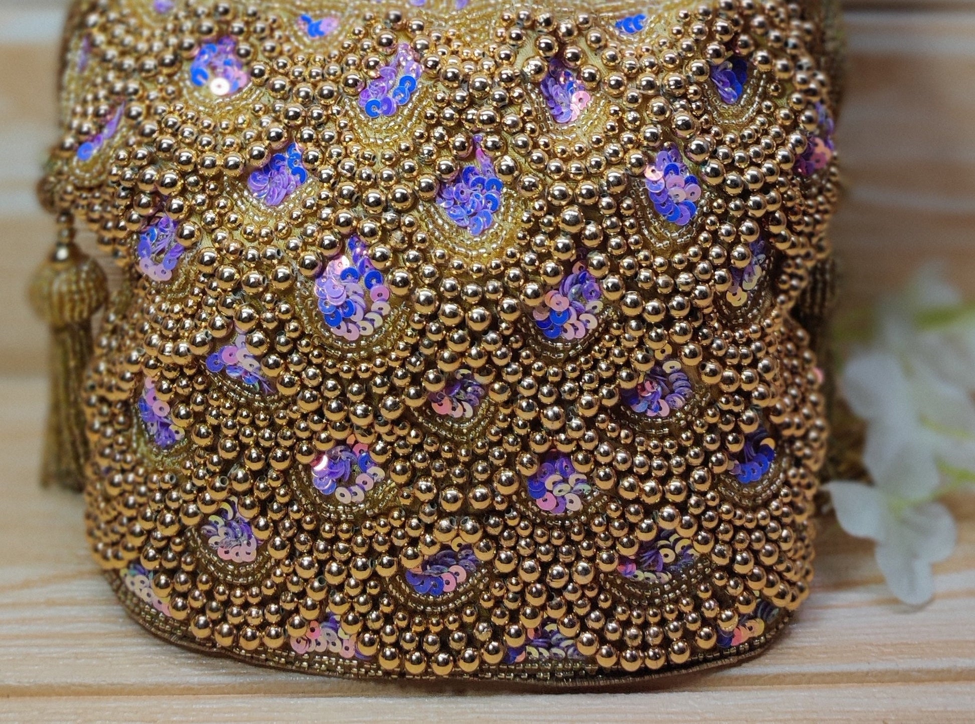 Indian Golden purple Color Women Fashion Handmade Potli Bag, Ethnic Wedding hand bag, Bridal Bag Embellished With Beads & Pearls