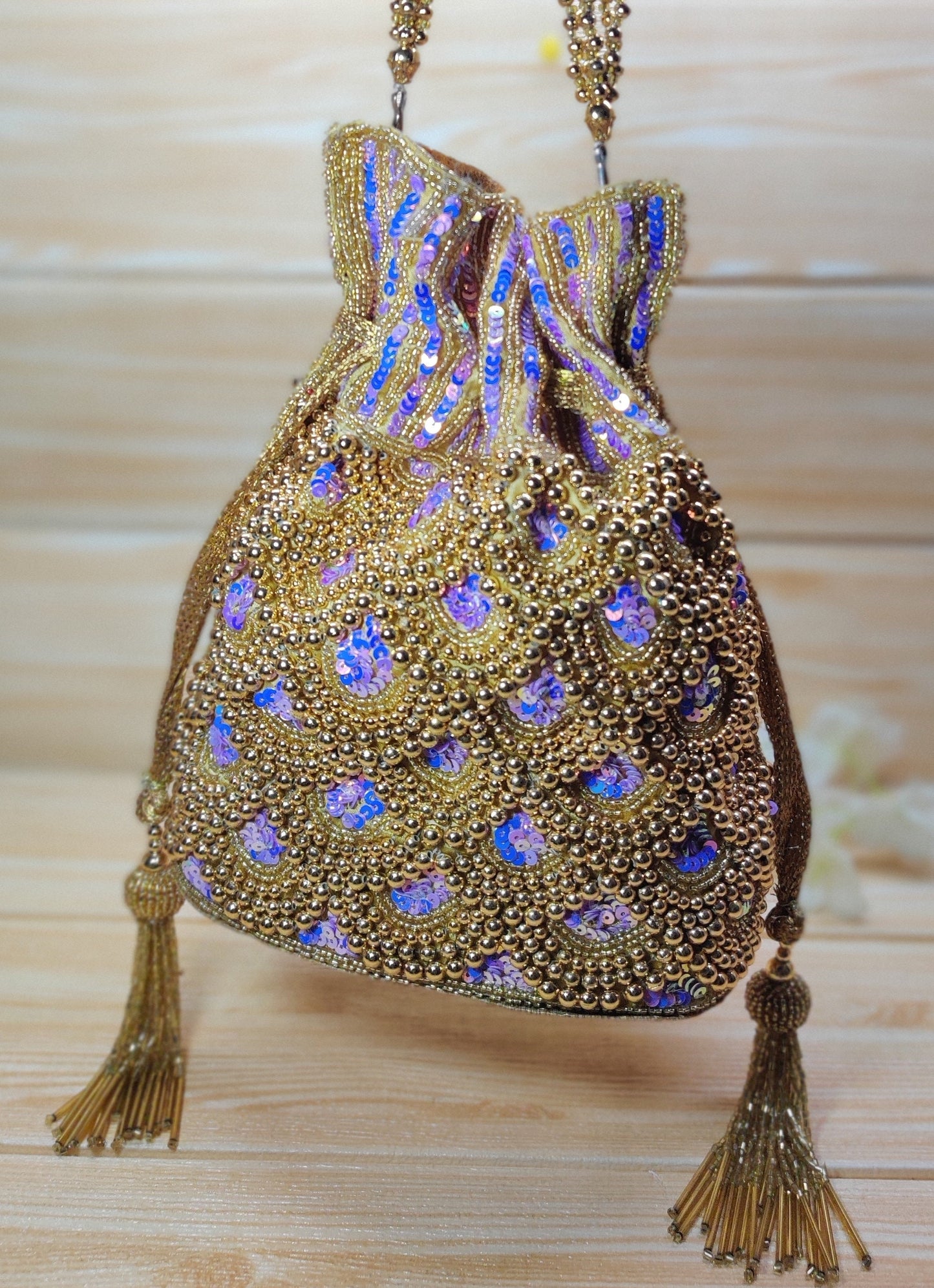 Indian Golden purple Color Women Fashion Handmade Potli Bag, Ethnic Wedding hand bag, Bridal Bag Embellished With Beads & Pearls