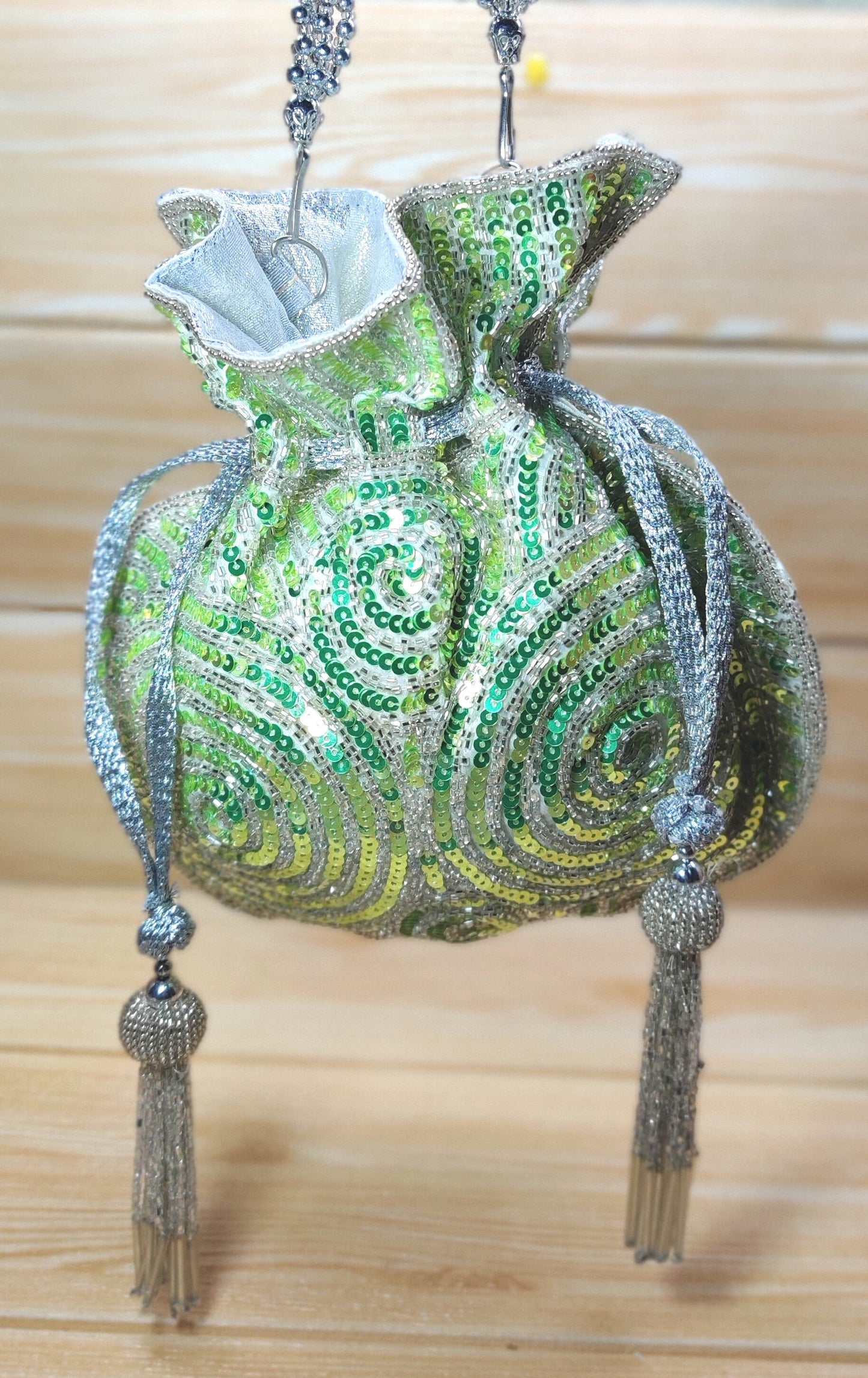 Indian Green Color Women Fashion Handmade Potli Bag, Ethnic Wedding hand bag, Bridal Bag Embellished With Beads & Pearls