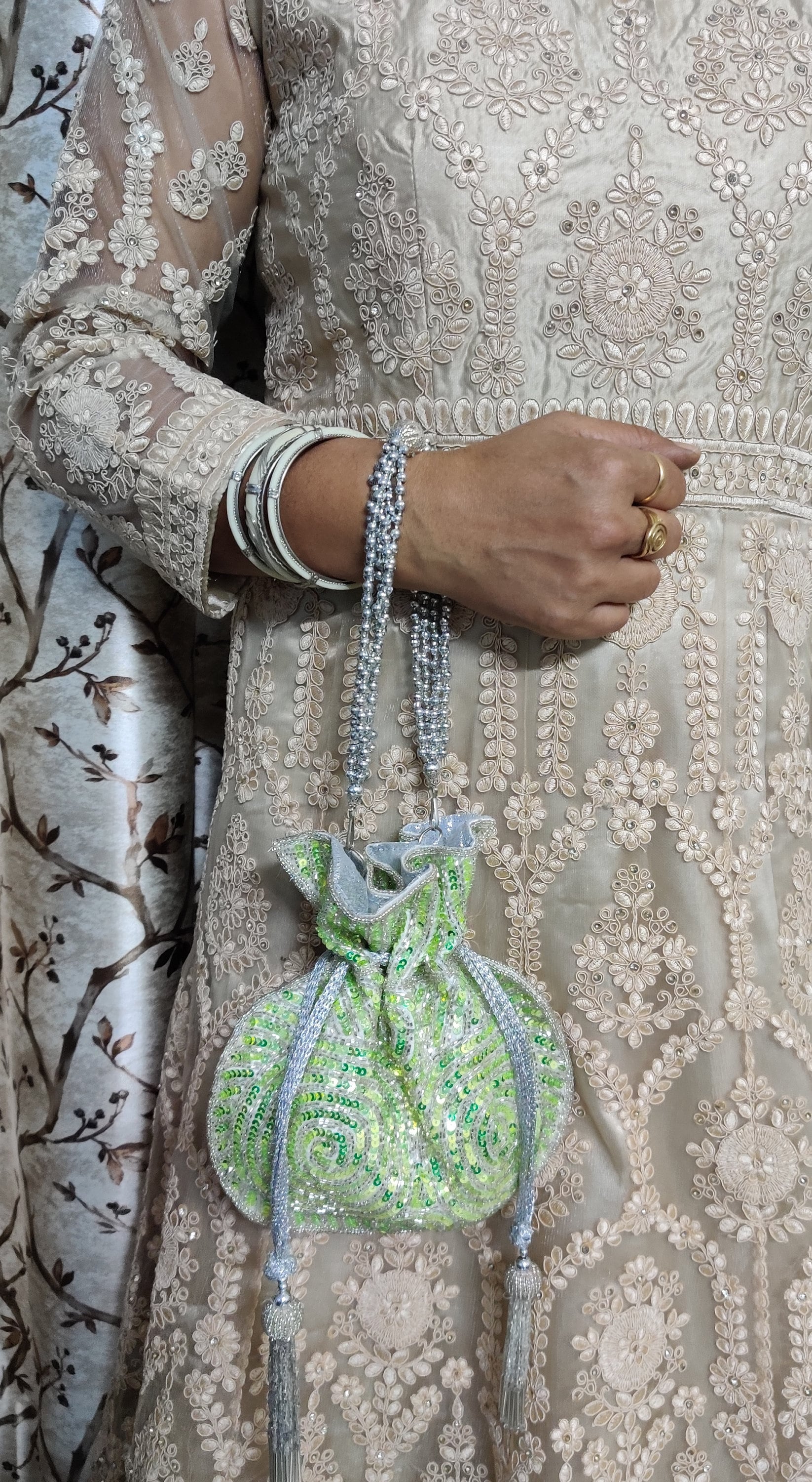 Indian Green Color Women Fashion Handmade Potli Bag, Ethnic Wedding hand bag, Bridal Bag Embellished With Beads & Pearls