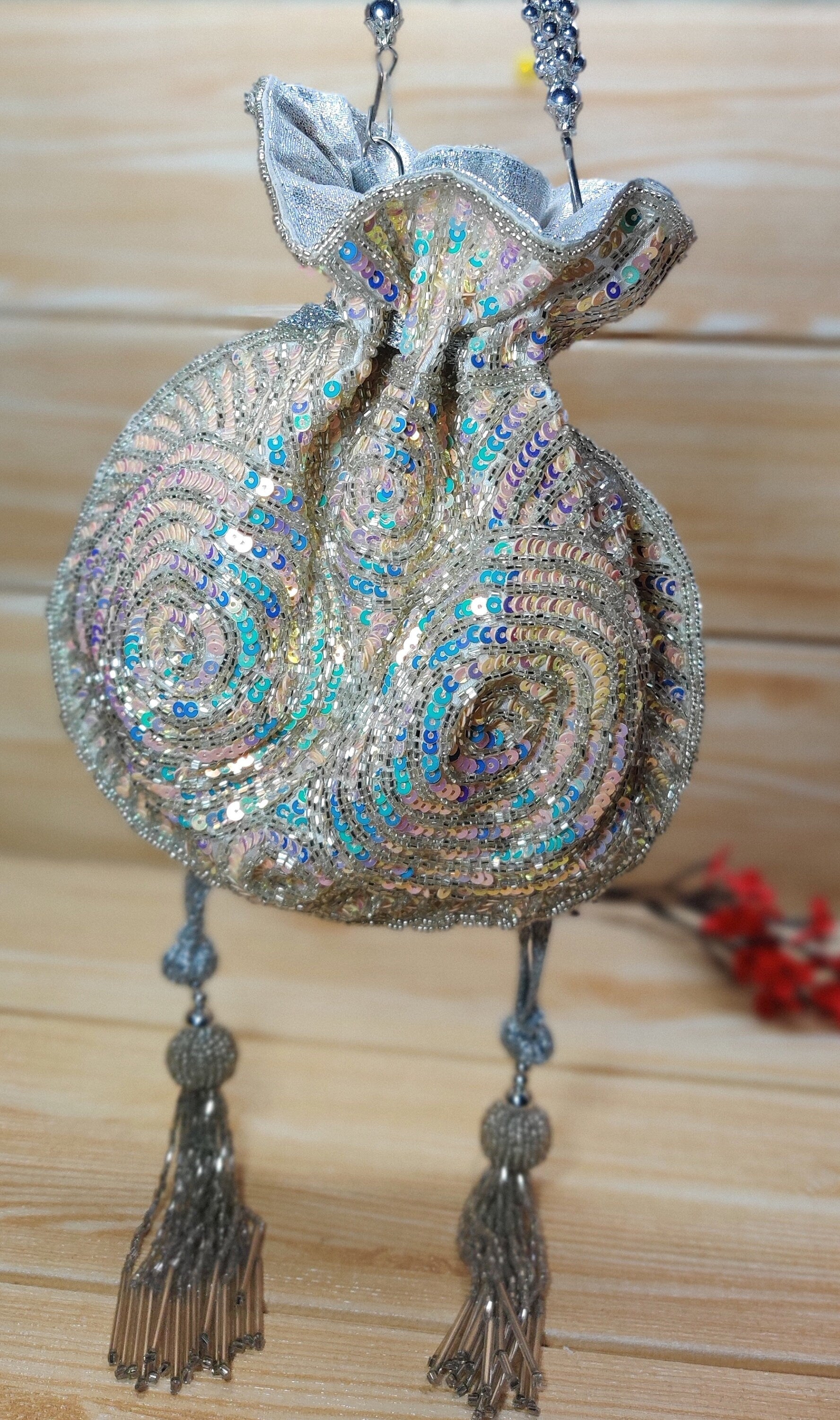 Indian Peach Color Women Fashion Handmade Potli Bag, Ethnic Wedding hand bag, Bridal Bag Embellished With Beads & Pearls