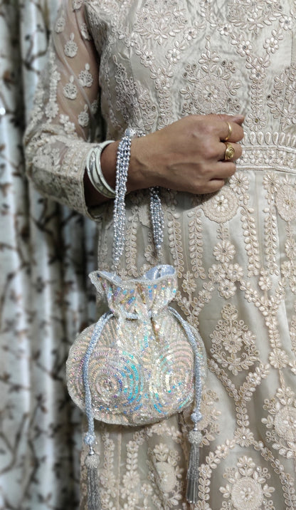 Indian Peach Color Women Fashion Handmade Potli Bag, Ethnic Wedding hand bag, Bridal Bag Embellished With Beads & Pearls