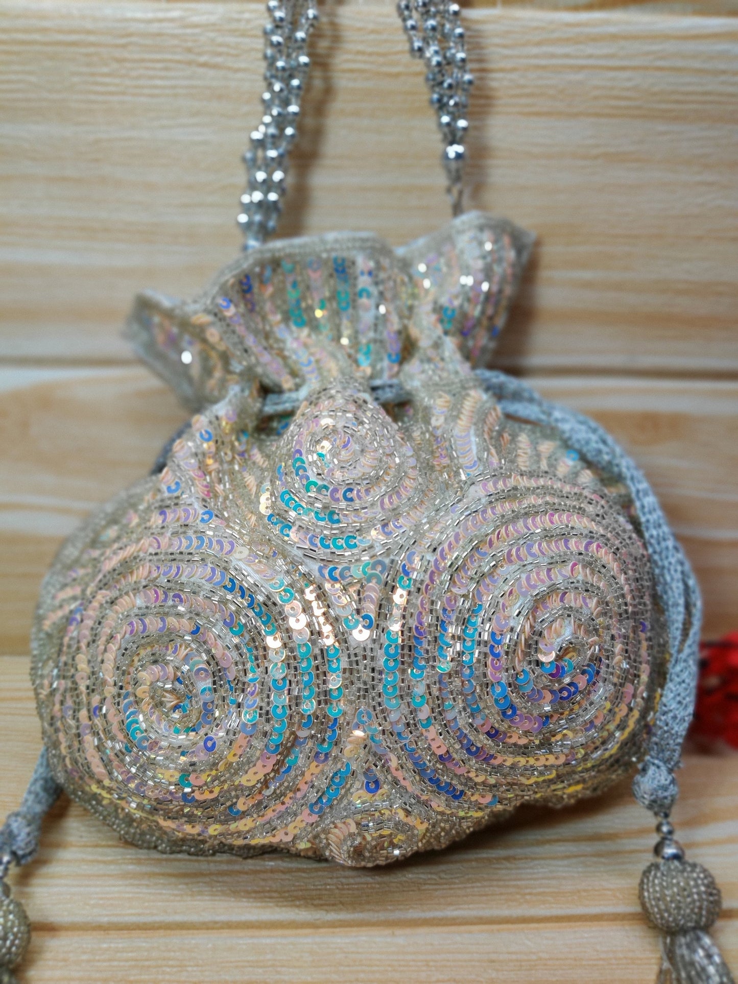 Indian Peach Color Women Fashion Handmade Potli Bag, Ethnic Wedding hand bag, Bridal Bag Embellished With Beads & Pearls