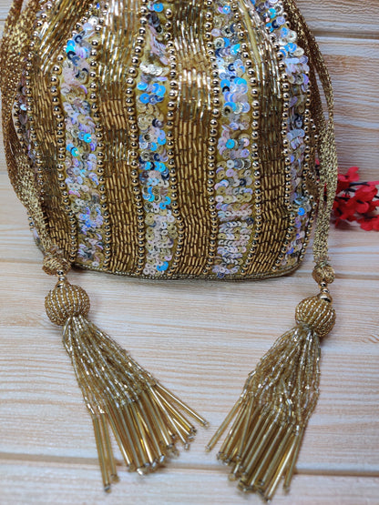 Indian Golden color Women Fashion Handmade Potli Bag, Ethnic Wedding And Festivals, hand bag, Bridal Bag Embellished With Beads & Pearls