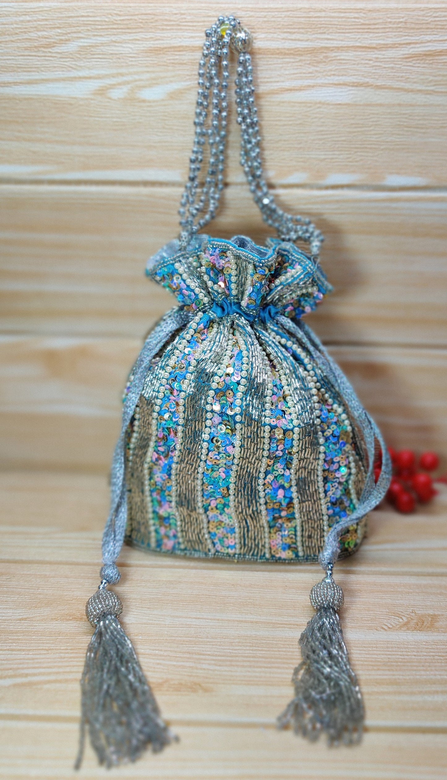 Indian light blue color Women Fashion Handmade Potli Bag, Ethnic Wedding And Festivals, hand bag, Bridal Bag Embellished With Beads & Pearls