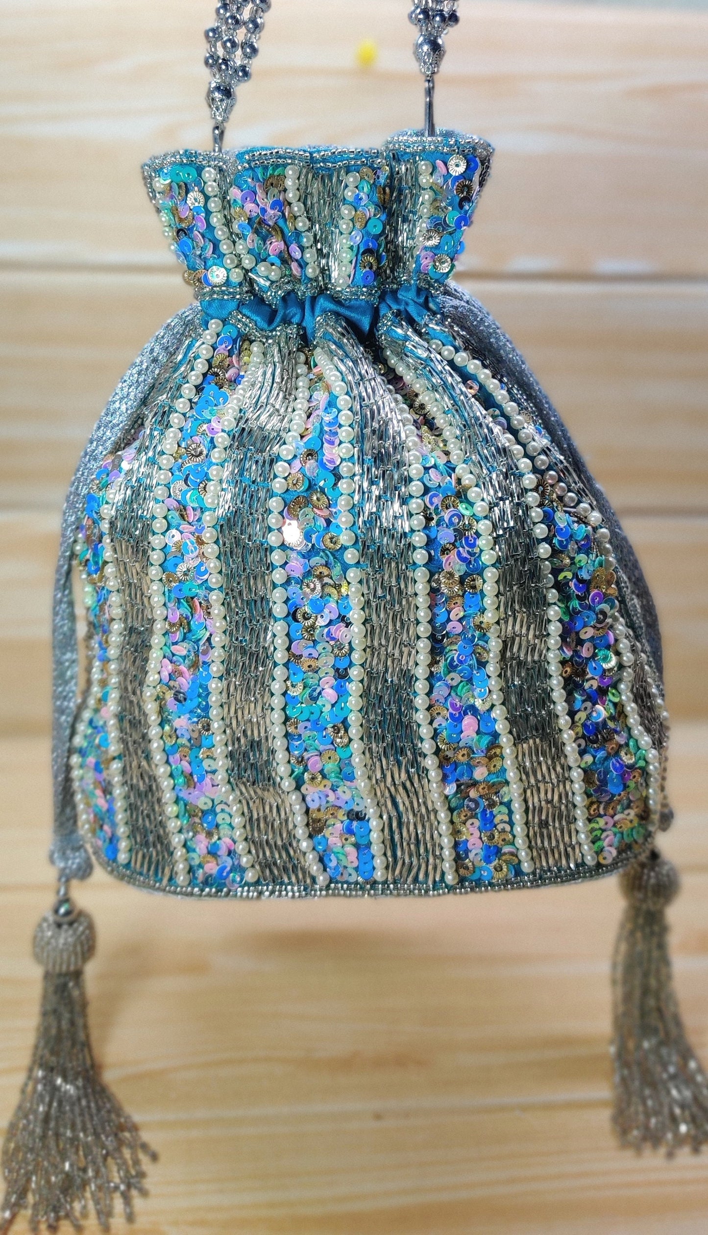 Indian light blue color Women Fashion Handmade Potli Bag, Ethnic Wedding And Festivals, hand bag, Bridal Bag Embellished With Beads & Pearls