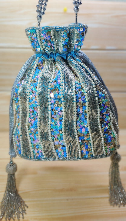 Indian light blue color Women Fashion Handmade Potli Bag, Ethnic Wedding And Festivals, hand bag, Bridal Bag Embellished With Beads & Pearls