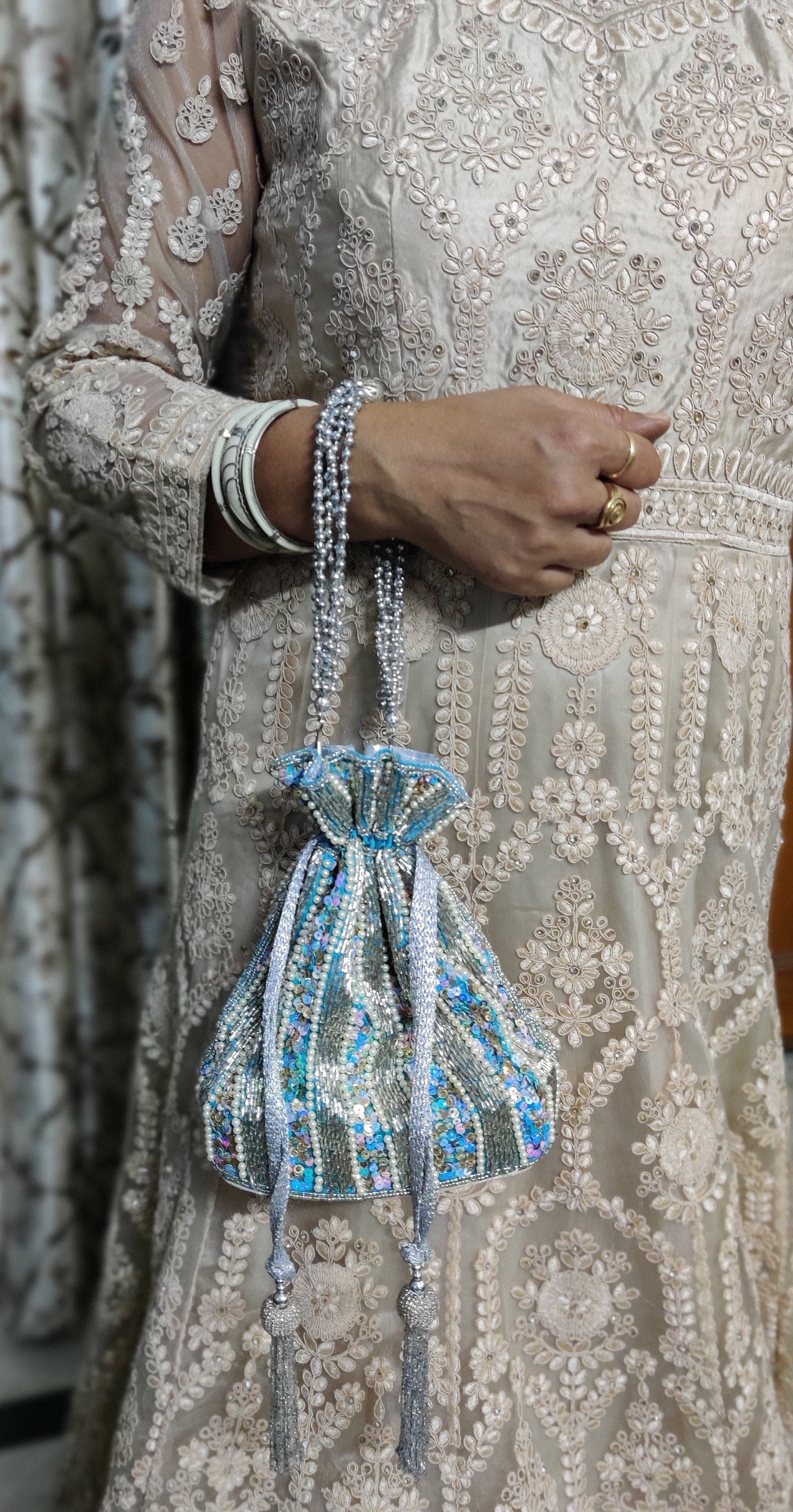 Indian light blue color Women Fashion Handmade Potli Bag, Ethnic Wedding And Festivals, hand bag, Bridal Bag Embellished With Beads & Pearls