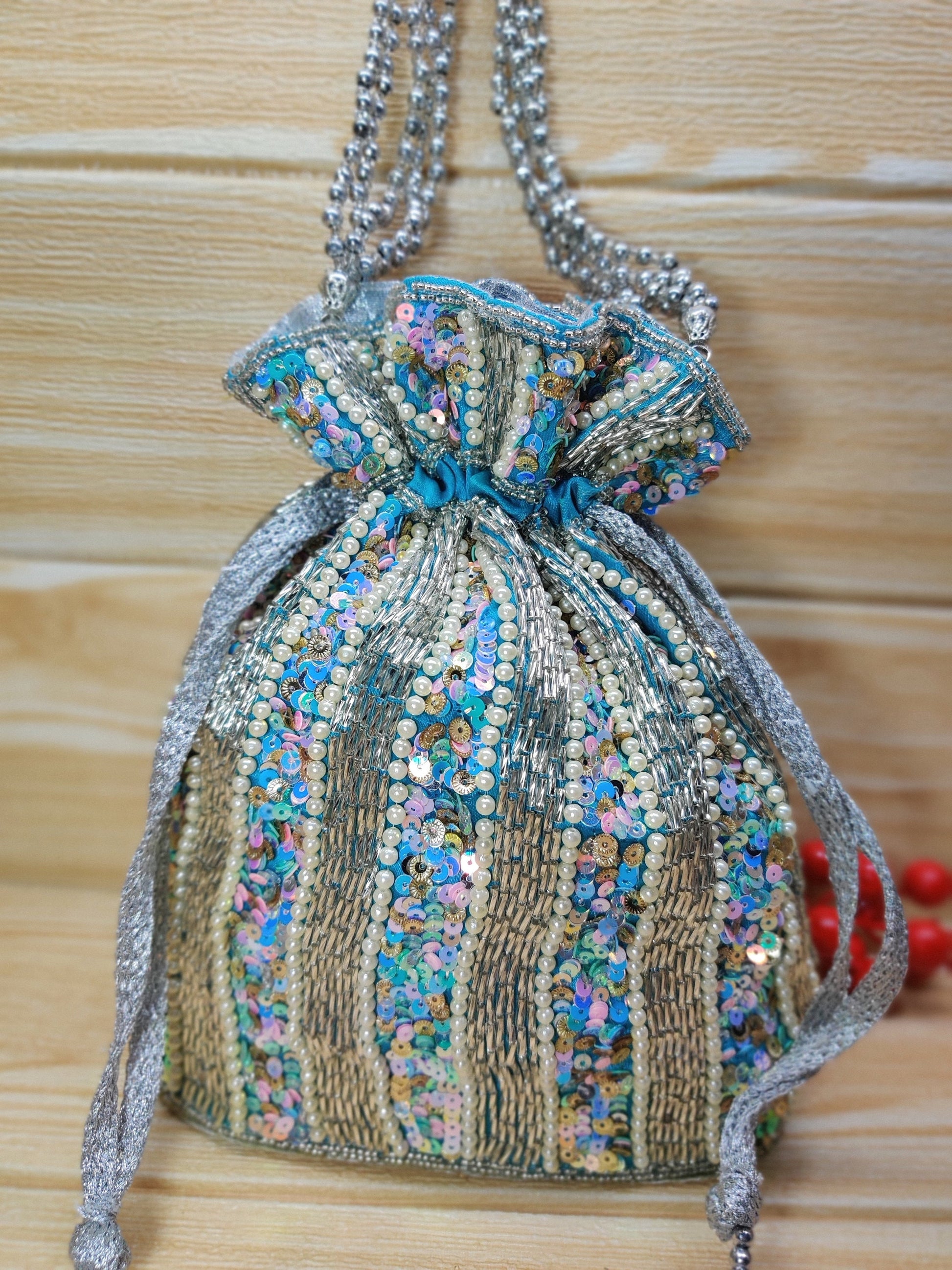 Indian light blue color Women Fashion Handmade Potli Bag, Ethnic Wedding And Festivals, hand bag, Bridal Bag Embellished With Beads & Pearls