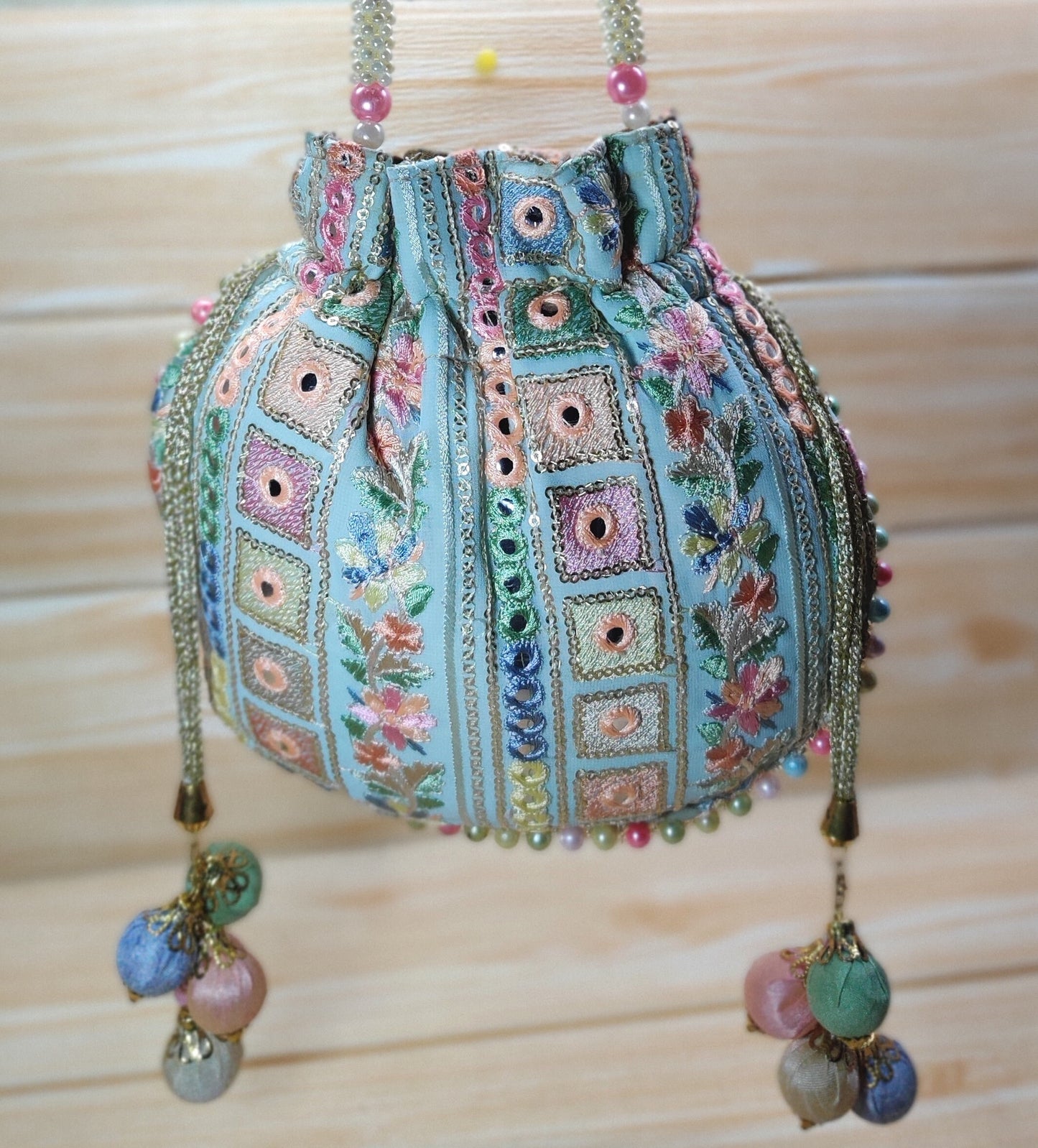 Indian light Green color Women Fashion Handmade Potli Bag, Ethnic Wedding Festivals, hand bag, Bridal Bag Embellished With Beads & Pearls