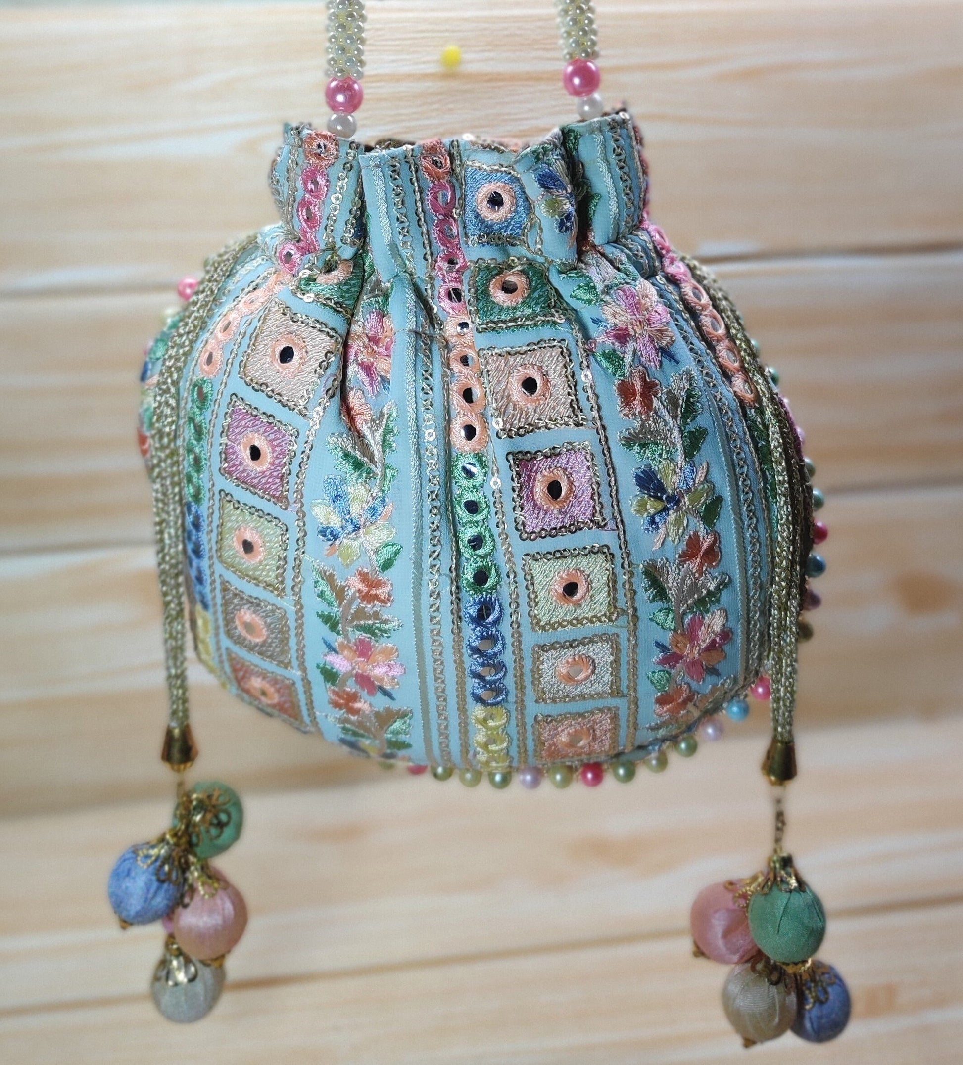 Indian light Green color Women Fashion Handmade Potli Bag, Ethnic Wedding Festivals, hand bag, Bridal Bag Embellished With Beads & Pearls