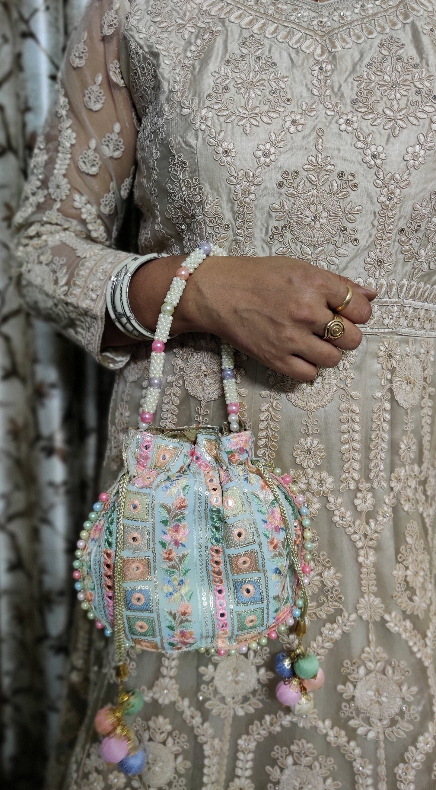 Indian light Green color Women Fashion Handmade Potli Bag, Ethnic Wedding Festivals, hand bag, Bridal Bag Embellished With Beads & Pearls