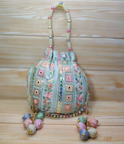 Indian light Green color Women Fashion Handmade Potli Bag, Ethnic Wedding Festivals, hand bag, Bridal Bag Embellished With Beads & Pearls