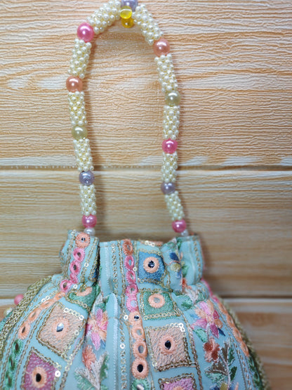 Indian light Green color Women Fashion Handmade Potli Bag, Ethnic Wedding Festivals, hand bag, Bridal Bag Embellished With Beads & Pearls