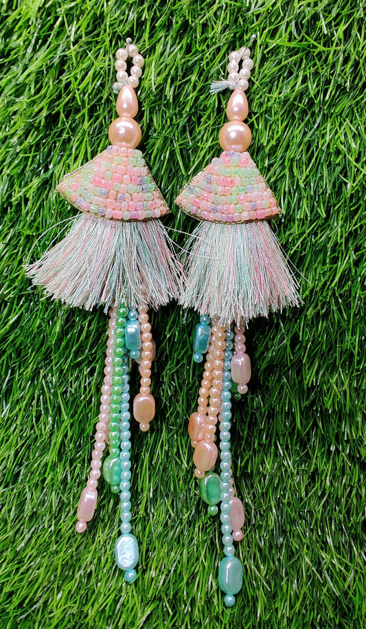 Indian Handmade Light pink multi Beaded Latkan Tassels for Saree Blouse HandBags Dupatta Bridal Wedding dress for Women pair of 2 pcs