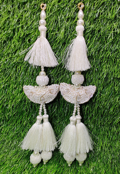 Indian White color Handmade Beaded Latkan Tassels for Saree Blouse HandBags Hangings Dupatta Bridal Wedding dress for Women pair of 2 pcs