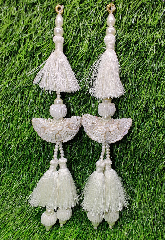 Indian White color Handmade Beaded Latkan Tassels for Saree Blouse HandBags Hangings Dupatta Bridal Wedding dress for Women pair of 2 pcs