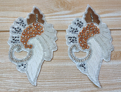 Set of 2 Indian Beaded Decorative Handmade Patches Leaf Embroidered Sewing Thread Dresses Appliques Cushion Crafting Scrap booking Bags