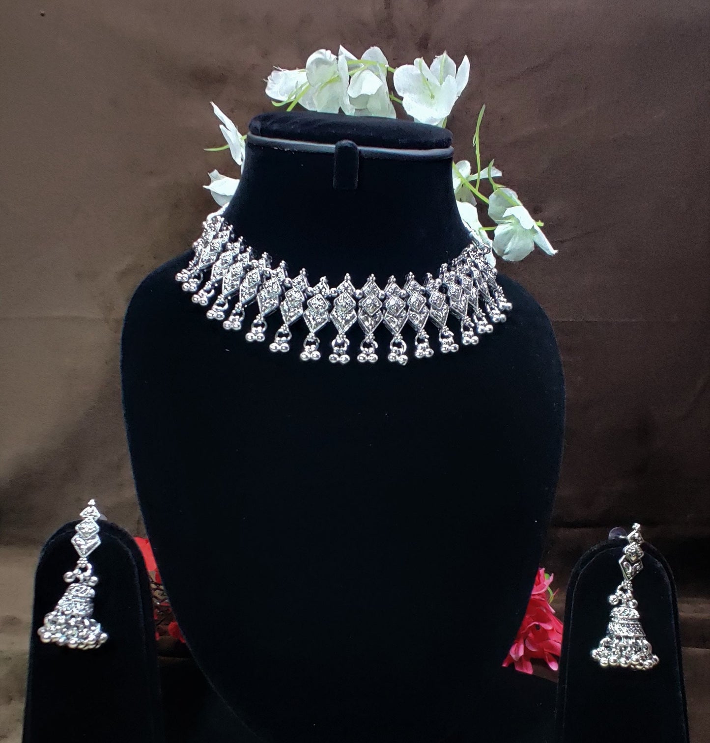 Indian Oxidized Silver Plated Handmade Necklace set with Earrings Designer Jewellery set Party wear Jewelry set choker jhumka jhumki