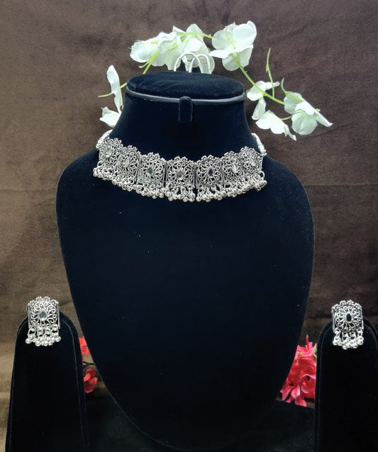 Indian Oxidized Silver Plated Handmade Necklace set with Earrings Designer Jewellery set Party wear Jewelry set choker jhumka jhumki