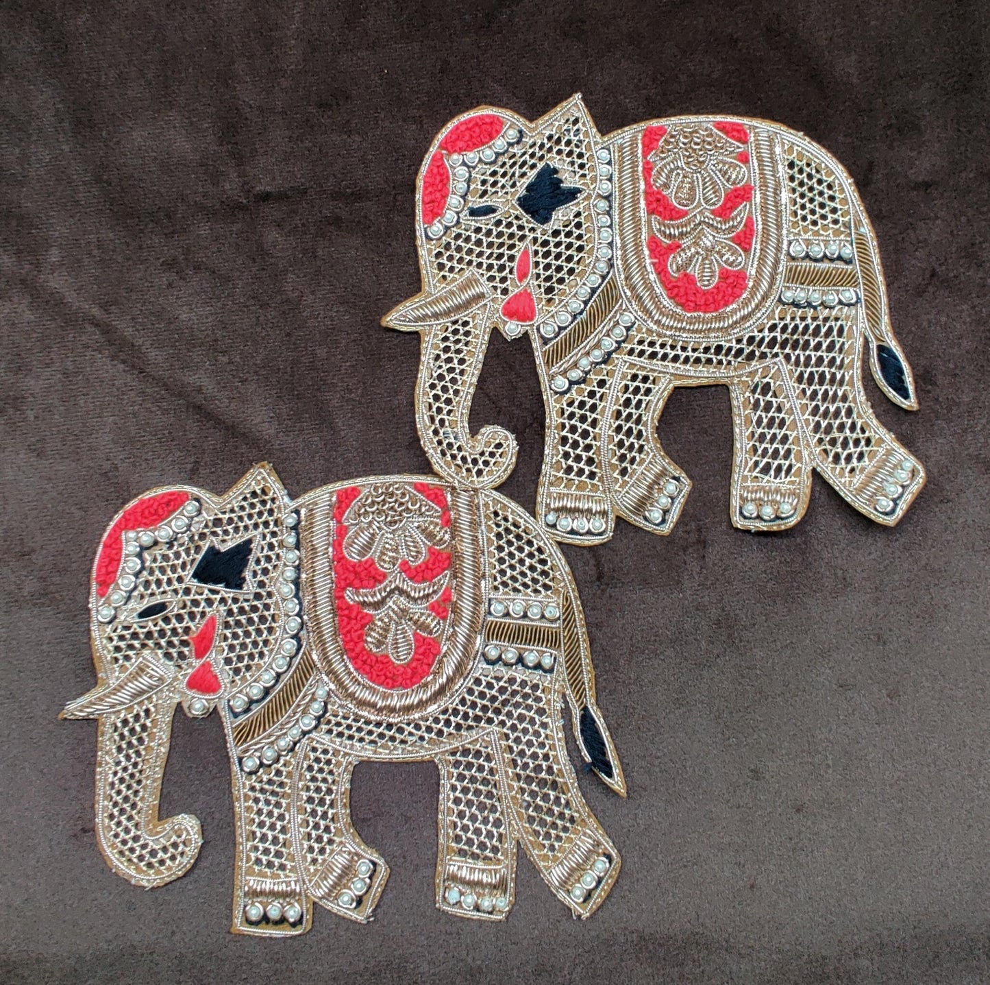 Set of 2 Indian Handmade Elephant Patches Embroidered Sewing Thread Dresses Handcrafted Appliques Cushion Crafting Bags, 1 Pair