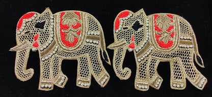 Set of 2 Indian Handmade Elephant Patches Embroidered Sewing Thread Dresses Handcrafted Appliques Cushion Crafting Bags, 1 Pair