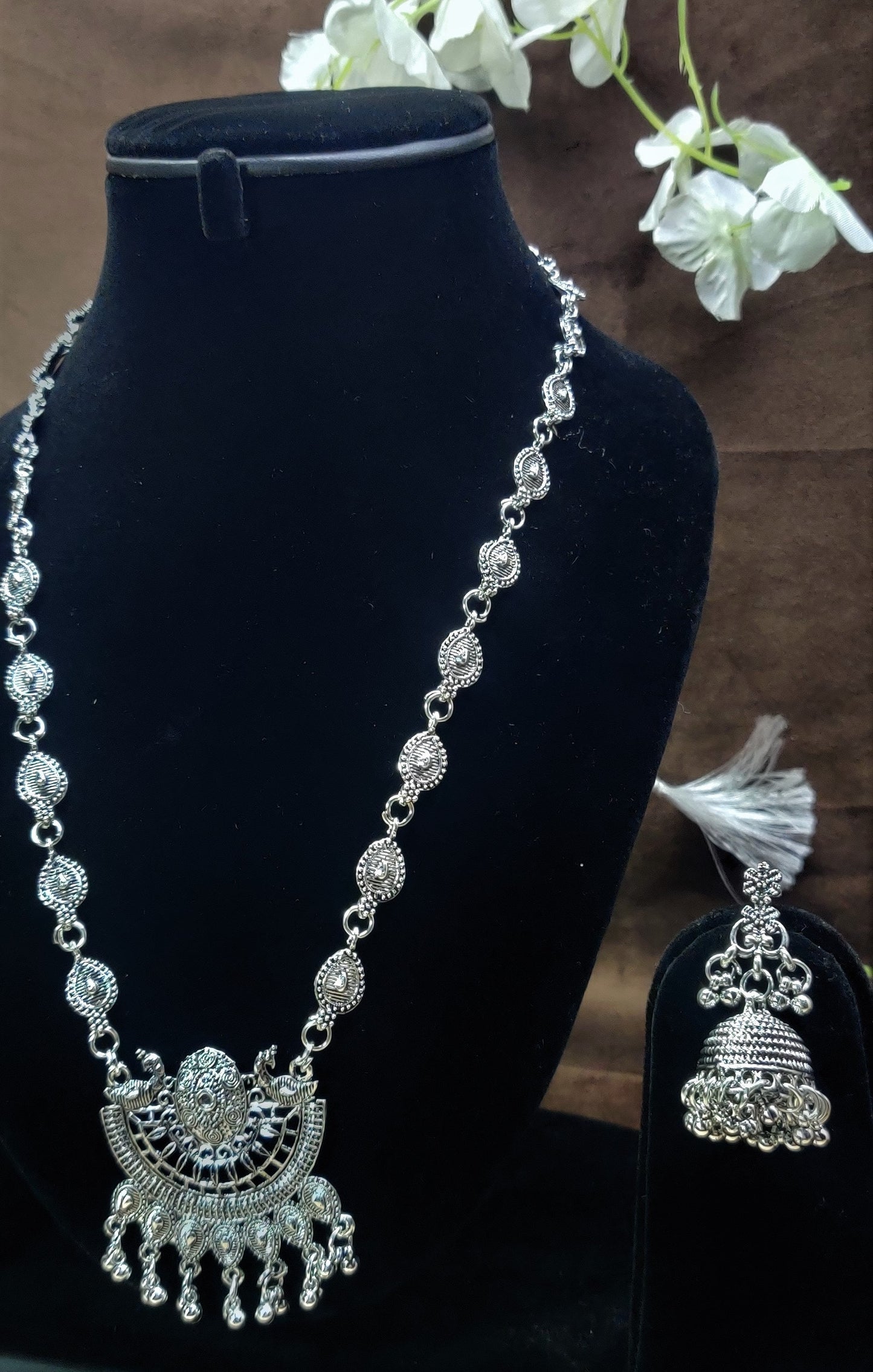 Indian Oxidized Silver Plated Handmade Long Necklace set with Earrings Designer Jewellery set Party wear Jewelry set choker jhumka jhumki