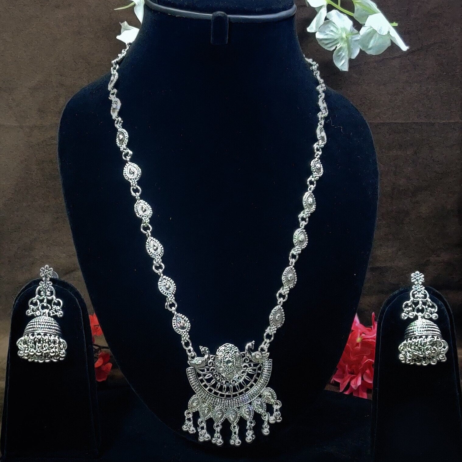 Indian Oxidized Silver Plated Handmade Long Necklace set with Earrings Designer Jewellery set Party wear Jewelry set choker jhumka jhumki