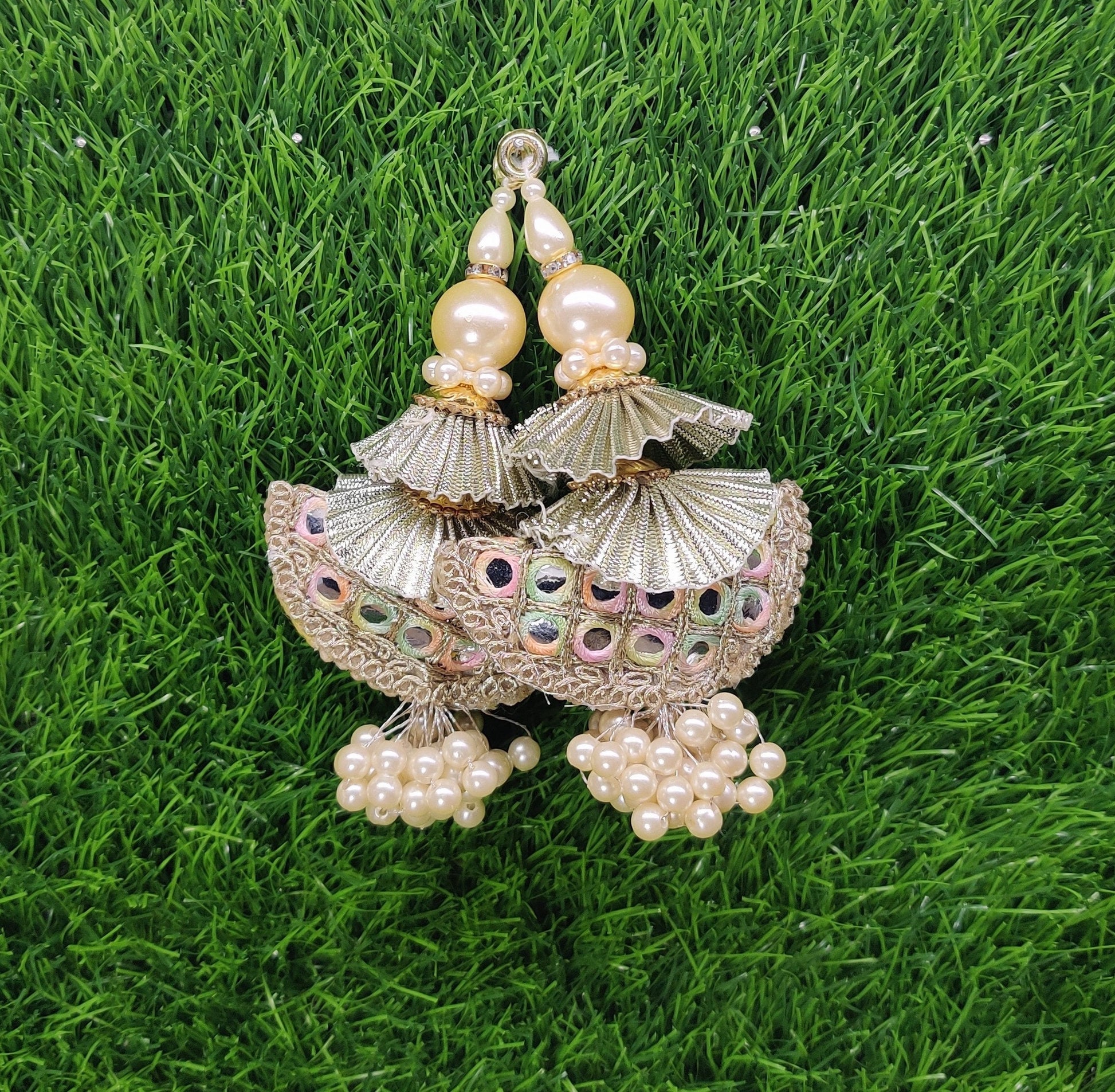 12 cm 2 pc Cushioned beaded Lahenga Tassels, home décor, lamp shades tassels, Hanging for Handbags, Indian Saree, Dupatta, Blouse latkan