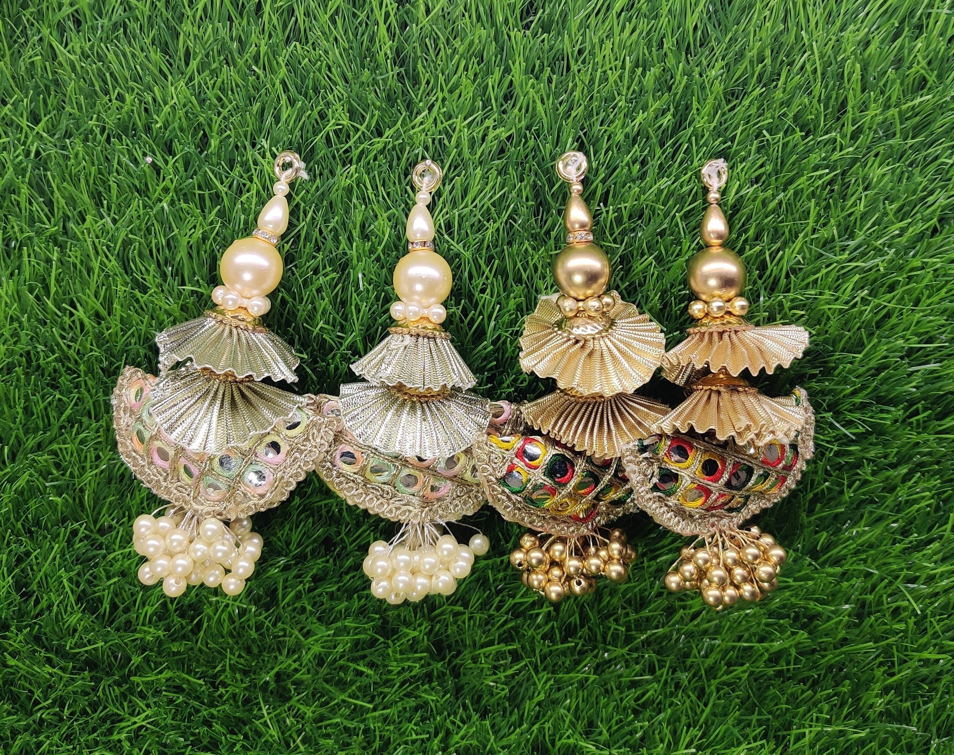 12 cm 2 pc Cushioned beaded Lahenga Tassels, home décor, lamp shades tassels, Hanging for Handbags, Indian Saree, Dupatta, Blouse latkan