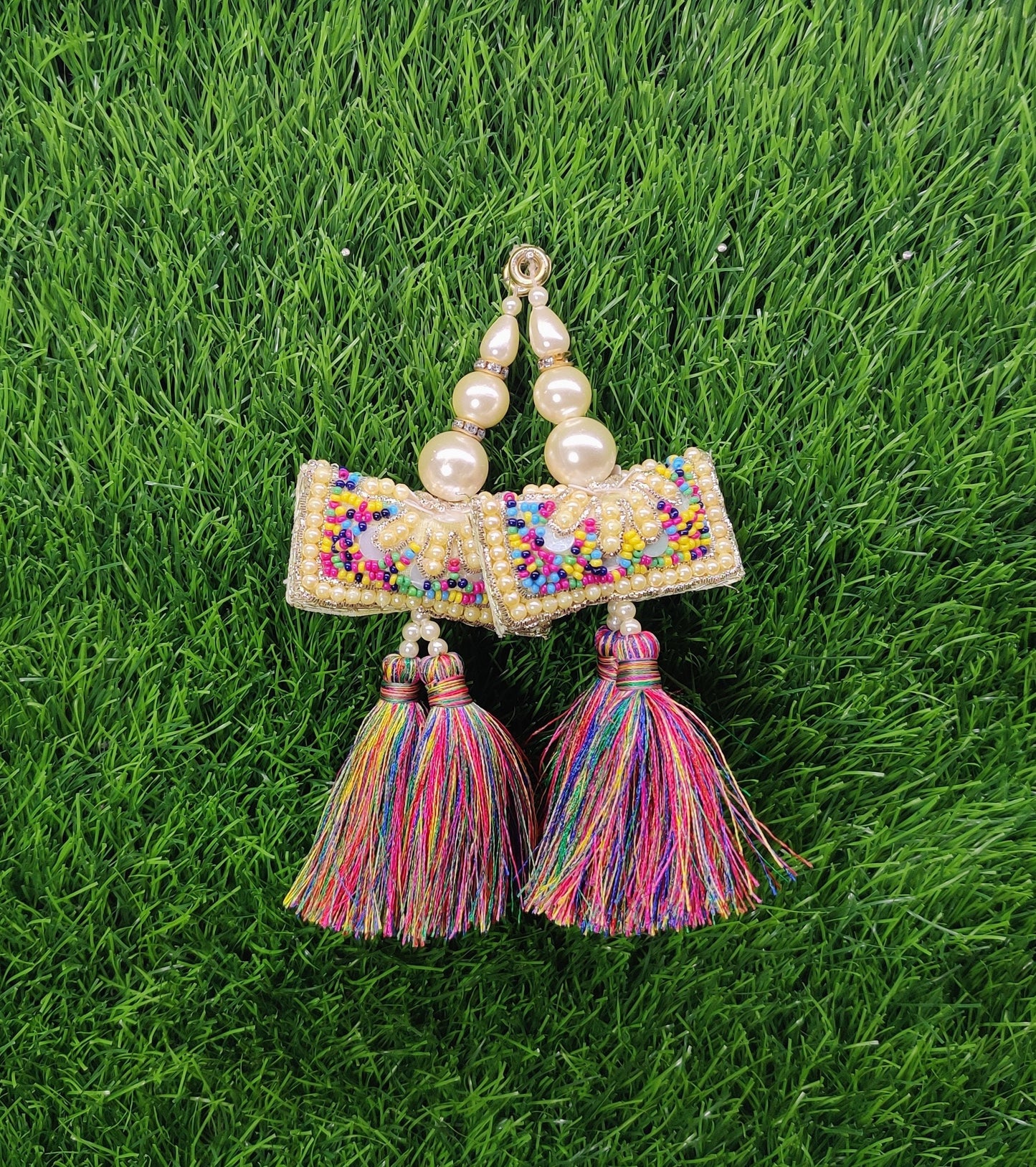 13 cm 2 pc Boho beaded Fringed Tassels, home décor, lamp shades tassels, Hanging for Handbags, Indian Saree, Dupatta, Lehenga Blouse latkan