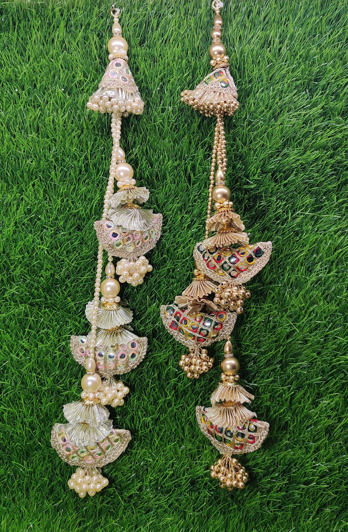 35 cm 2 pc Cushioned beaded Lahenga Tassels, home décor, lamp shades tassels, Hanging for Handbags, Indian Saree, Dupatta, Blouse latkan