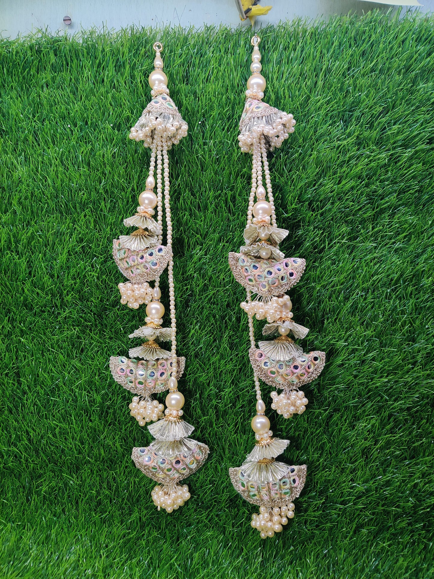 35 cm 2 pc Cushioned beaded Lahenga Tassels, home décor, lamp shades tassels, Hanging for Handbags, Indian Saree, Dupatta, Blouse latkan