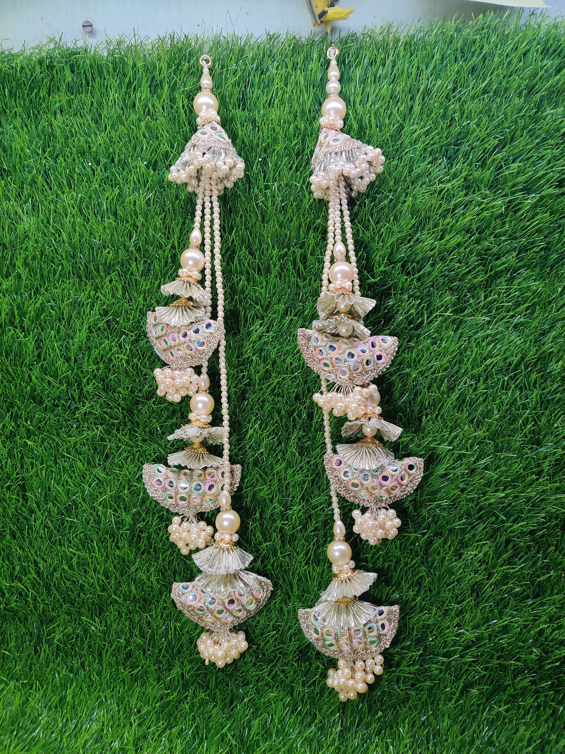 35 cm 2 pc Cushioned beaded Lahenga Tassels, home décor, lamp shades tassels, Hanging for Handbags, Indian Saree, Dupatta, Blouse latkan