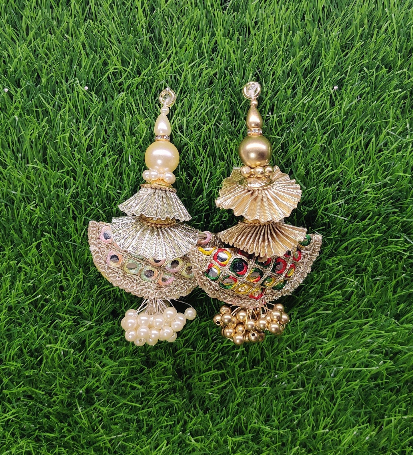 12 cm 2 pc Cushioned beaded Lahenga Tassels, home décor, lamp shades tassels, Hanging for Handbags, Indian Saree, Dupatta, Blouse latkan
