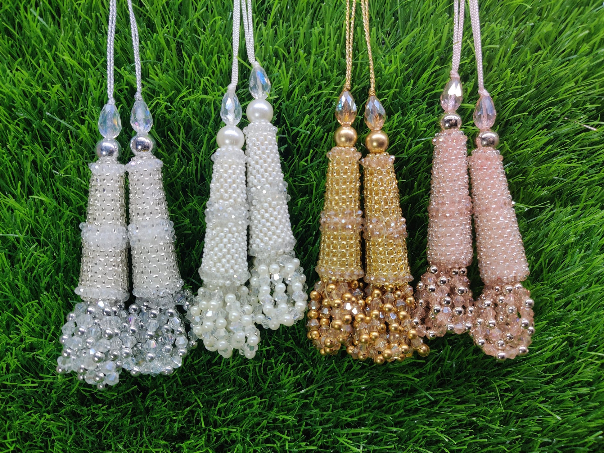 Silver/ White/ Gold/ Pink fancy Cutdana Beaded Tassel for Blouse Embellished HandBags home décor, Craft Sewing Decorative dress Latkan