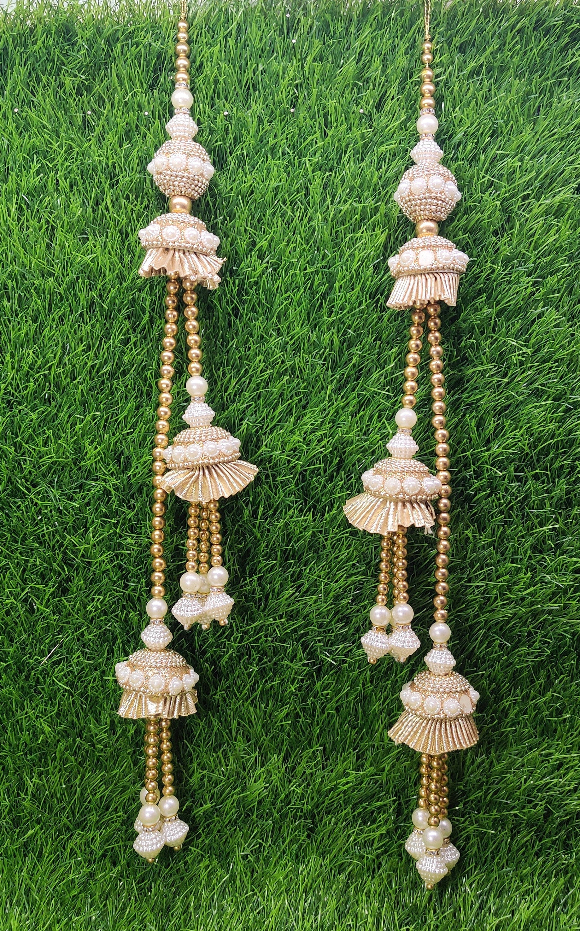 Lt Gold Pearl beaded Blouse Lahenga Latkan Tassels, home décor, hanging for Handbags, Indian Sewing Latkan for Saree, Dupatta