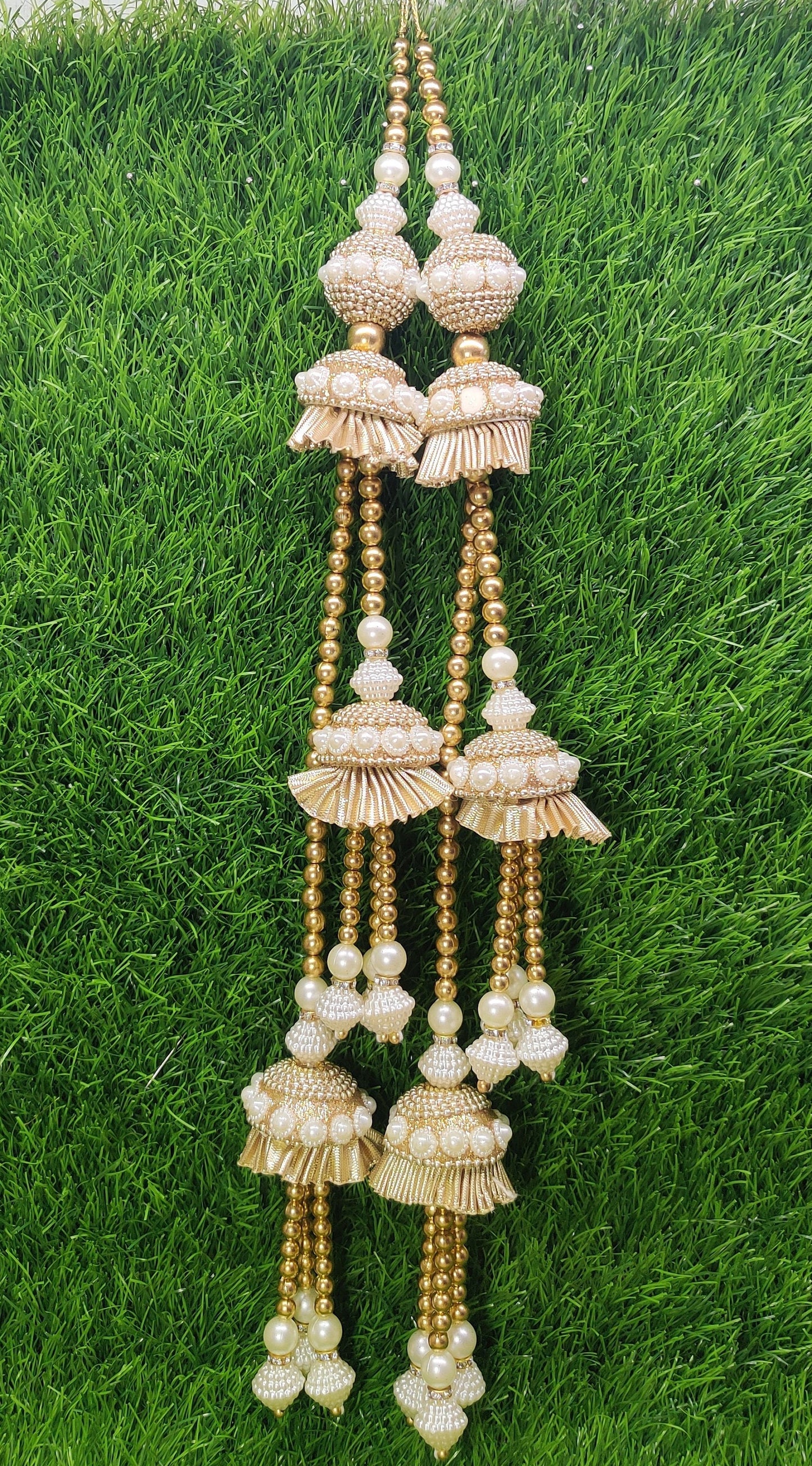 Lt Gold Pearl beaded Blouse Lahenga Latkan Tassels, home décor, hanging for Handbags, Indian Sewing Latkan for Saree, Dupatta