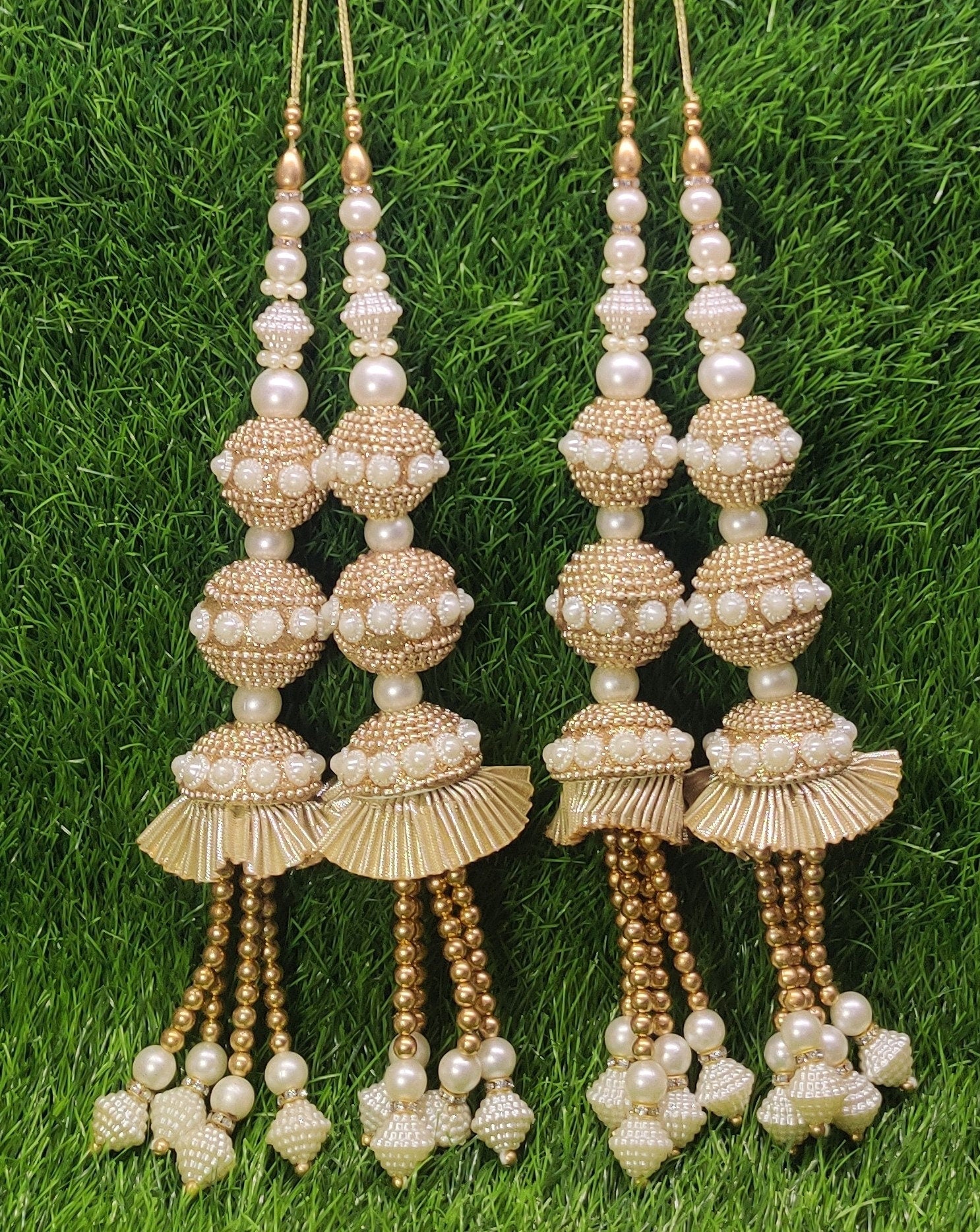 White with Light Golden Beaded Blouse Lahenga Latkan Tassels, home décor, hanging for Handbags, Indian Sewing Latkan for Saree, Dupatta