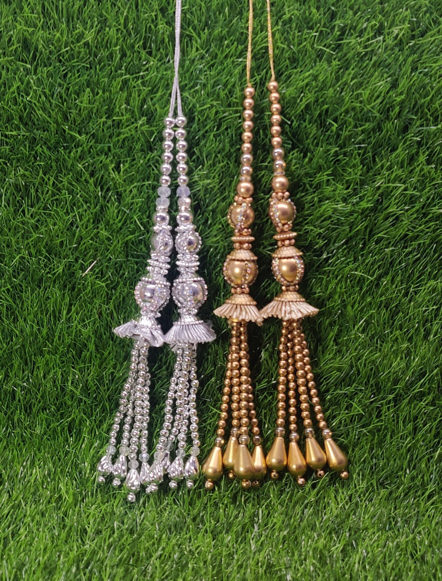 Silver/ Gold Indian Beaded Tassel for Saree Blouse Lehenga Embellished HandBags Dupatta Decorative dress Latkan for Women 1 Pair