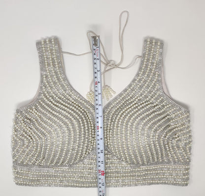 Indian designer heavy Beaded stitched blouse, Silver White colour, Readymade Indian Bridal Saree Blouse, latest design blouse for women