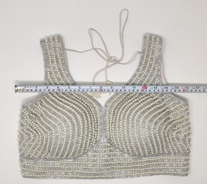 Indian designer heavy Beaded stitched blouse, Silver White colour, Readymade Indian Bridal Saree Blouse, latest design blouse for women