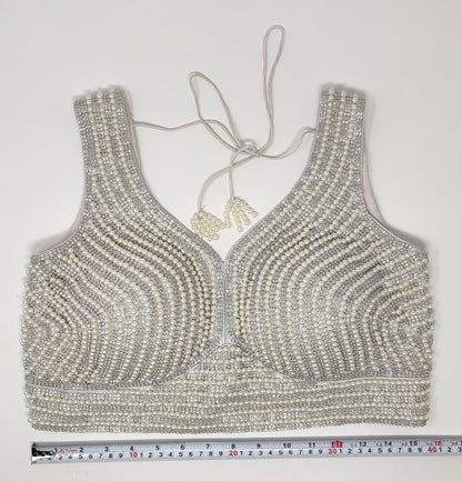 Indian designer heavy Beaded stitched blouse, Silver White colour, Readymade Indian Bridal Saree Blouse, latest design blouse for women