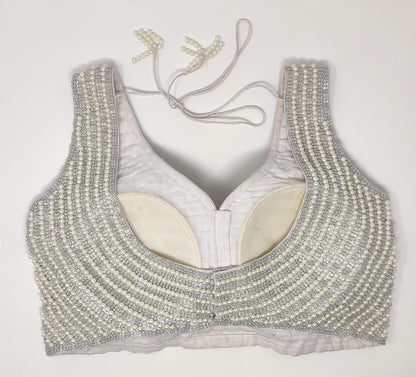 Indian designer heavy Beaded stitched blouse, Silver White colour, Readymade Indian Bridal Saree Blouse, latest design blouse for women