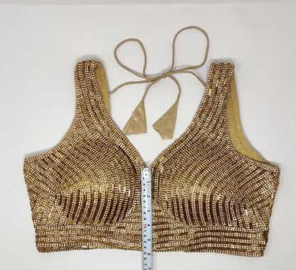 Indian designer heavy Beaded stitched blouse, Golden colour, Readymade Indian Bridal Saree Blouse, latest design blouse for women